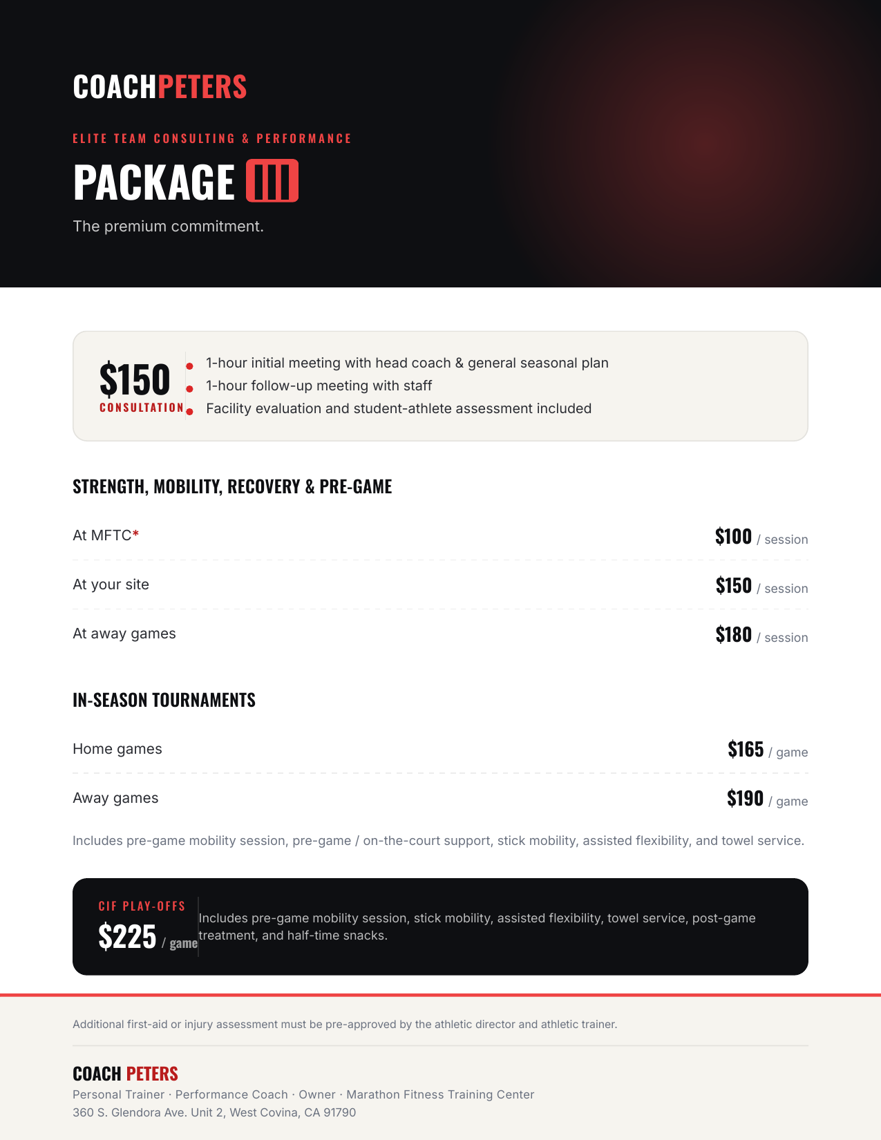 Preview of the Elite Team Consulting & Performance III rate sheet PDF.