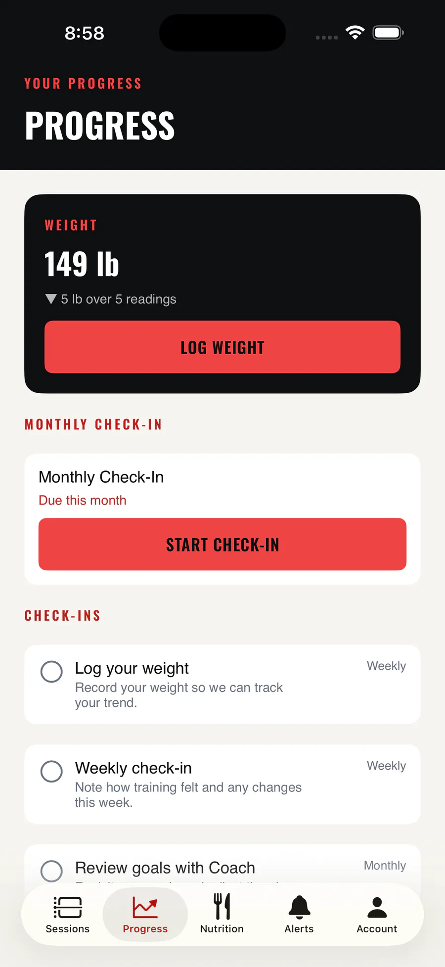 The MFTC app progress screen showing a weight trend and the check-in tasks assigned by Coach Peters.