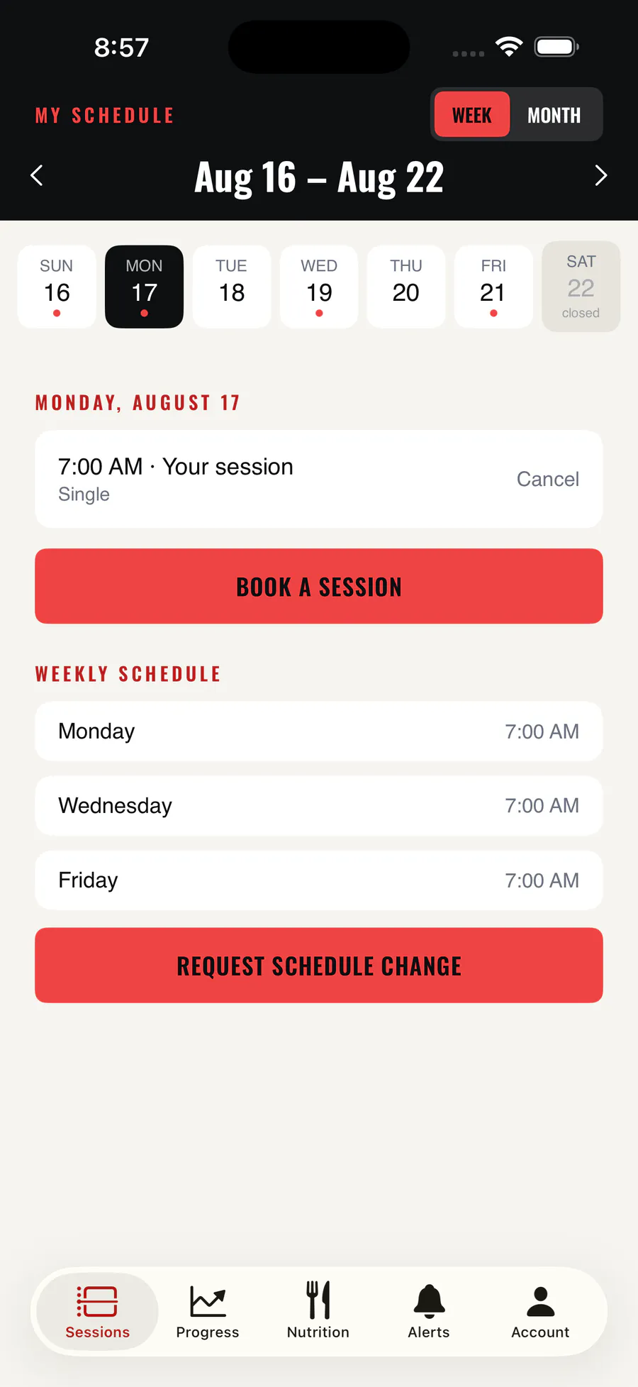 The MFTC app showing a week of training sessions, with booked days marked, a booked 7:00 AM session, and the weekly standing schedule below.